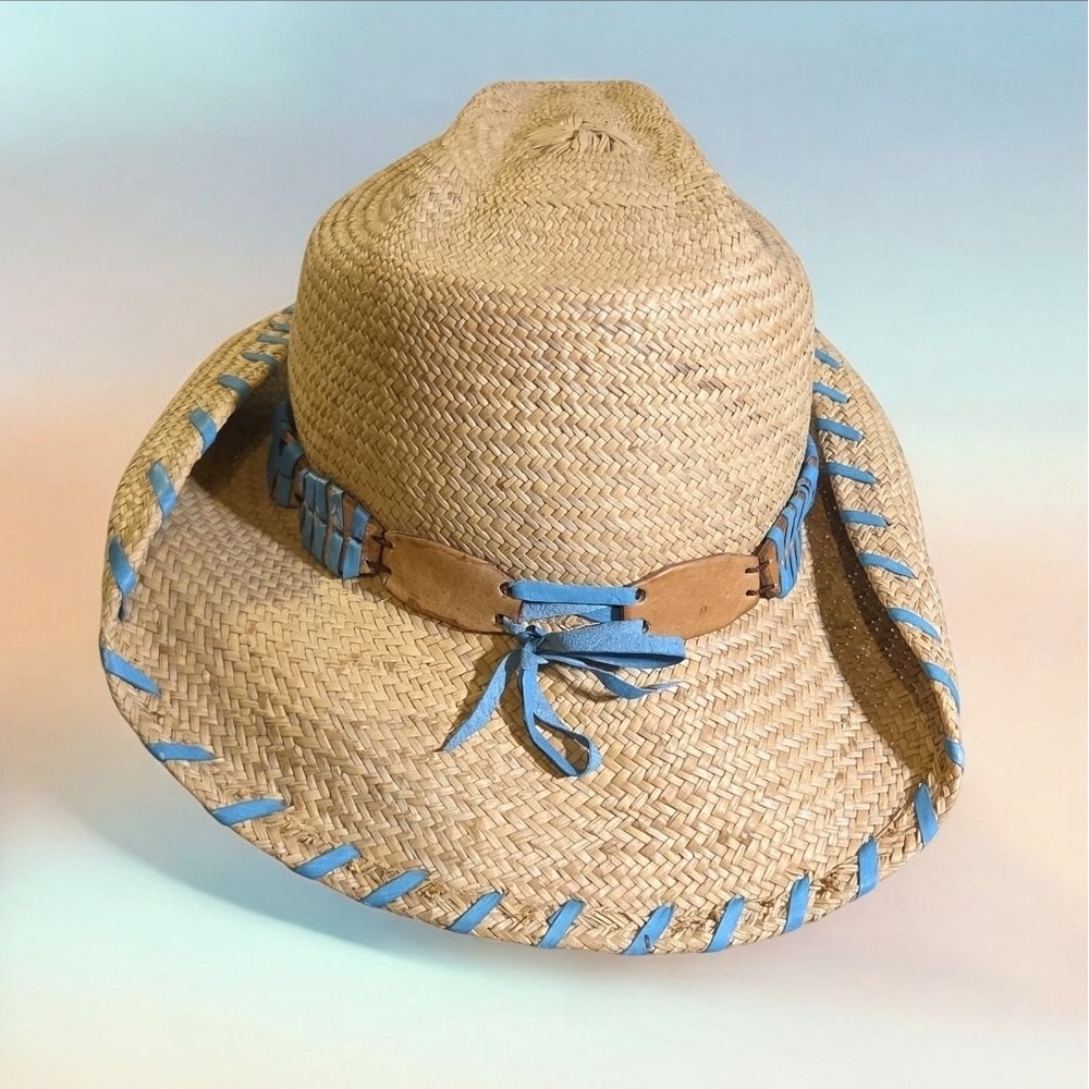 BULLHIDE Delmar Straw Cowboy Hat Rodeo Leather & Faux Turquoise Buckle Size L - Picture 6 of 8